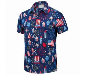Camisa de Hombre Patriótica para el 4 de Julio, con Botones, Estampado de Fuegos Artificiales y Bandera de EE. UU., Manga Corta, Casual, para Vacaciones de Verano, Playa, OE - Product Image 1