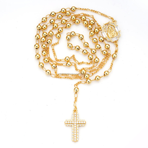 Collier avec pendentif croix doré, chaîne perlée, détail médaillon religieux, accents en cristal, bijoux de mode pour femmes - Product Image 3