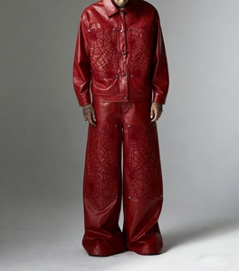Chándal Rojo para Hombre con Patrón de Telaraña en Relieve, Estilo Urbano, Corte Holgado, Impermeable, de Poliéster, para Invierno - Product Image 6
