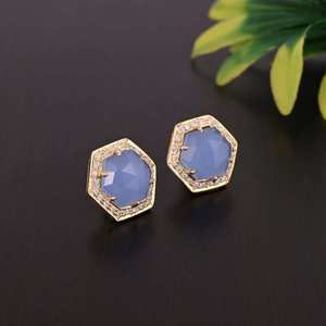 Boucles d'oreilles pendantes en calcédoine bleue naturelle facettée hexagonale avec monture en argent sterling 925, calcédoine élégante en gros - Product Image 5