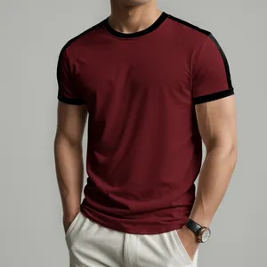 T-shirt à manches courtes pour homme, coupe classique, couleur unie, bordure contrastée, col rond, décontracté, tricoté en polyester, écologique, logo sur le devant - Product Image 2