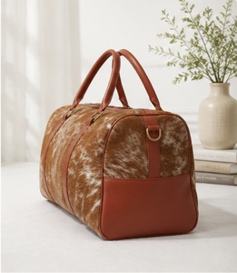 Cowhide Leather Weekender Duffel <b>Bag</b> Large Capacity Travel <b>Bag</b> <b>Zipper</b> Closure Brown Patterned Design - Product Image 5