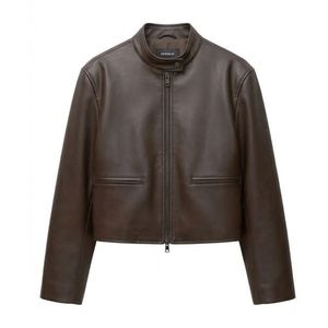 Veste en cuir marron personnalisée pour femme avec fermeture éclair, col classique, deux poches latérales, vêtement d'extérieur décontracté raffiné, mode urbaine - Product Image 1