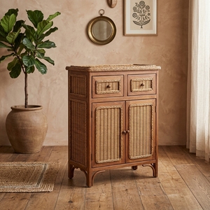 Traditional Teak Wood Nightstand Natural Rattan Woven Side Cabinet with 4 Storage Drawers for Bedroom Living Room & Hospital Use - Product Image 4