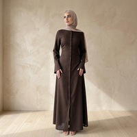 Abaya longue marron à manches longues pour femme, col montant, robe modeste, couleur unie, polyester, usage quotidien, style Moyen-Orient