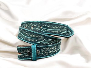 Ceinture Western en cuir véritable pleine fleur, faite à la main, avec boucle en cuir et garniture turquoise, pour femme - Product Image 5