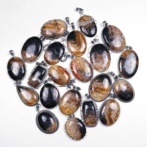 Pendentifs en Agate de Racine de Prunier Naturelle en Gros, Formes Mixtes, Sertissage Bezel Plaqué Argent, Agate Fleur Opaque, Bijoux en Cristal de Guérison - Product Image 5
