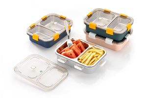 Boîte à lunch en acier inoxydable à 2 compartiments, conteneur bento rectangulaire avec couvercle en plastique et clips jaunes - Product Image 5