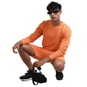 Men's Orange Regular Fit O-Neck Knitted Cotton <b>Raglan</b> Sleeve Pullover Shorts Set Casual Autumn Wear Quick Dry Eco-Friendly - Product Image 4
