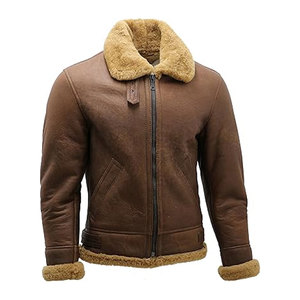 Veste en cuir de mouton marron pour homme, style bomber, veste d'aviateur, col en fourrure, veste de vol vintage - Product Image 3
