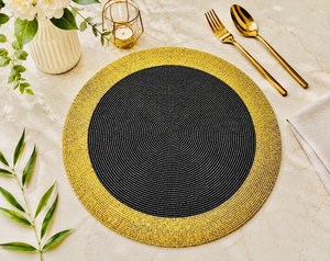 Black & Gold <b>Beaded</b> Knitted <b>Placemat</b> | Handmade Eco-Friendly Luxury Dining Table Mat Elegant Home Decor Holiday Table Setting - Product Image 4