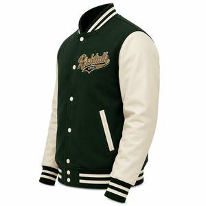 Unisex Varsity Jacket Green for Leather Sleeves Embroidered Logo <b>Covered</b> <b>Button</b> Eco-Friendly Winter Wear - Product Image 3