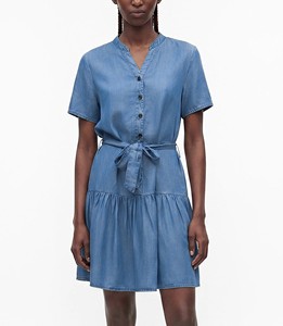Women's Denim Shirt Dress V-Neck Short Sleeve Skinny Fit Maxi with Belt Casual Summer Solid Blue Cotton Woven Vintage - Product Image 2