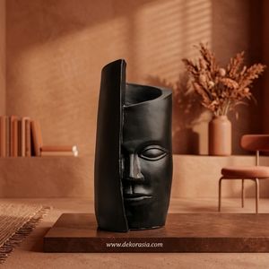 Severo Black Doff Handcrafted Earthenware <b>Ceramic</b> Face Vase Mask Sculpture Decorative Tabletop Vessel Modern Design 15x35cm - Product Image 3