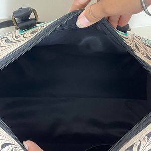 Western Hand Tooled Genuine Leather Speedy Duffle <b>Bag</b> With Turquoise Inlay Floral Carving & Card <b>Design</b> Shoulder <b>Bag</b> for Women's - Product Image 6