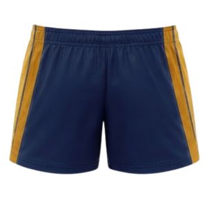 Shorts de netball unisexe bleu marine et or sublimés, en polyester, coupe athlétique, pour matchs d'équipe et entraînements, vêtements de performance sportive - Product Image 2