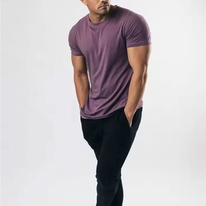 Men's Purple Short Sleeve O-Neck Solid Color Knitted <b>T</b>-<b>Shirt</b> Slim Fit Casual Regular Length Gym <b>T</b>-<b>shirt</b> - Product Image 3