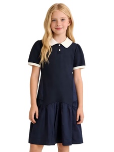 New Girls' 100% Cotton Woven Loose Mid-Length High School Uniform Dress Blue White Color Block Polo Collar Design Perfect - Product Image 4