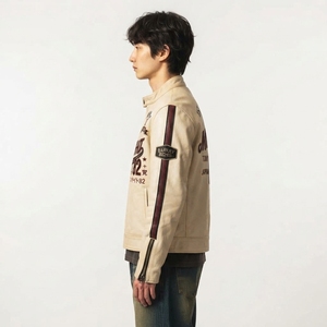 Chaqueta de cuero beige para hombre, estilo motero, con gráfico de carreras Midnight Tokyo, parche bordado, cuello alto, abrigo personalizado, ropa exterior Darkry - Product Image 4