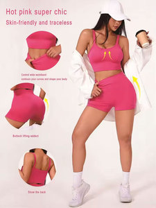 Ensembles de yoga et de sport pour femmes, 2 pièces, tenues de gym côtelées, débardeur court et short taille haute, pour fitness et course à pied - Product Image 1