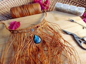 Labradorite Macrame <b>Necklace</b> Blue Flash Teardrop Gem Brown Cord Boho Handmade Adjustable <b>Statement</b> Jewelry - Product Image 2