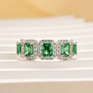 Elegant Design 925 Moissanite Halo <b>Emerald</b> Cut Green Stone 3.3 Carat Women's Anniversary <b>Ring</b> Sterling <b>Silver</b> White Gold Plated - Product Image 1