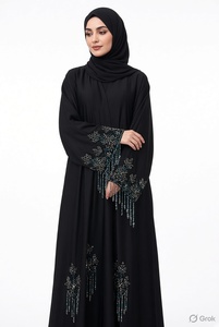 Black Embroidered Floor Length Straight Hem Open <b>Abaya</b> Long Sleeve Modest Women Loose Fit Muslim Robe for Eid <b>Wedding</b> Daily Wear - Product Image 2