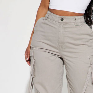 Pantalon cargo taille haute pour femme, coupe large, avec cordon de serrage réglable, en tissu polyester/coton écologique – Style utilitaire moderne - Product Image 4