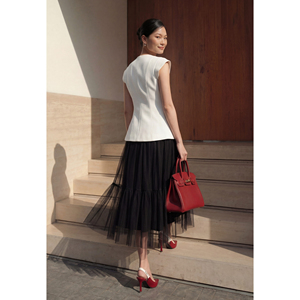 ODM OEM Women's Elegant <b>Black</b> Mesh <b>Tiered</b> Mid-Calf High Waist Flared Tulle <b>Skirt</b> Casual Office Style Custom Design ARIANA 100% - Product Image 4