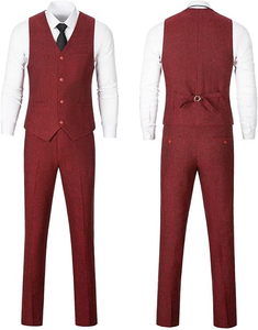 Men British Style Wool Polyester Business <b>Suit</b> Vest Pants Set V-Neck Single Breasted <b>Red</b> Formal Wear - Product Image 1