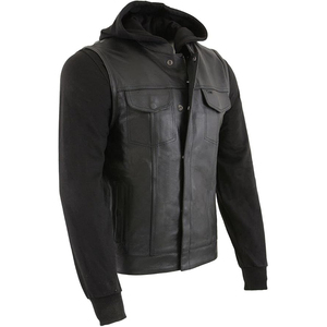 Samroz Sports <b>Men's</b> <b>Black</b> Club Style Winter '2 in 1' Zipper Genuine Leather <b>Vest</b> with Removable Full Sleeve V-neck Hoodie - Product Image 1