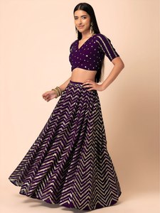 Purple <b>Sequined</b> Faux Fur Built-in <b>Bra</b> Quick Dry Lehenga Choli V-Neck A-Line Floor-Length Dress Geometric Pattern Elegant Evening - Product Image 1