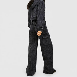 Ensemble de survêtement délavé à l'acide pour femme, haut court zippé à manches longues et pantalon large, couleur unie, coupe décontractée, idéal pour l'automne - Product Image 2
