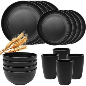 Ensemble de vaisselle en paille de blé incassable de 16 pièces, grande taille, pour la cuisine, utilisation intérieure et extérieure, assiettes en plastique réutilisables - Product Image 1