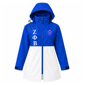 Chaqueta Impermeable con Capucha para Mujer, Diseño Color Block Azul y Blanco, con Letras Griegas, Manga Larga, Marca Zeta Phi Beta Sorority - Product Image 1