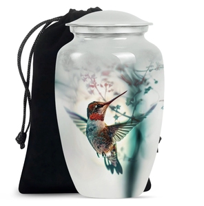 Urna Funeraria Metálica Azul Cielo con Cardenal Rojo sobre Flores Blancas - Recipiente para Cenizas de Adulto con Bolsa de Terciopelo - Product Image 6