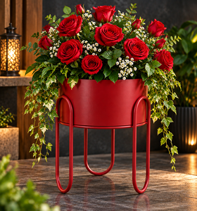 Pot de fleurs moderne en métal rouge avec support en fer sculpté, élégant porte-plantes d'intérieur pour salon, chambre, bureau, balcon - Product Image 2