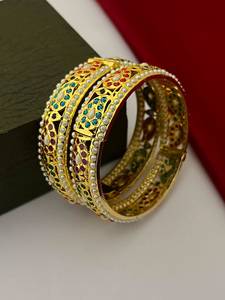 Bhargavi Luxury Indian Handcrafted Rhodium Plated Jadau Pearl <b>Bangles</b> <b>Set</b> | Bridal Wedding Jewelry Ethnic Fashion Bracelet - Product Image 1
