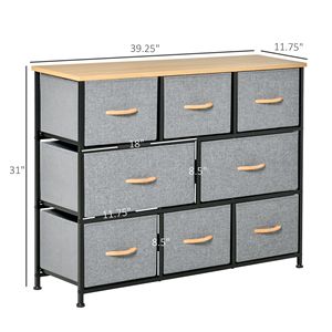 Comò a 8 cassetti grigio chiaro con struttura in acciaio e piano in legno, mobile in tessuto per camera da letto o soggiorno - Product Image 3