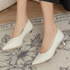 Silver Sequin Bridal Shoes Thin <b>Heels</b> Padded <b>Heel</b> Lining Enhanced Comfort Pointed Toe <b>Suede</b> Lining Rubber Outsole - Product Image 1