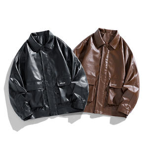 Chaquetas de Hombre de Alta Gama para Otoño e Invierno, Cuello Mao, Color Sólido, Cierre de Botón, Bolsillos, Estilo Casual, Holgadas, Manga Larga, de Cuero Genuino - Product Image 2