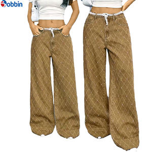 Jeans de Mezclilla Personalizados para Mujer, Corte Recto, Casuales, Otoño/Primavera, Decorados con Perlas Tejidas, Cintura Baja, Lavables, Lavado Arena, Corte Regular - Product Image 4