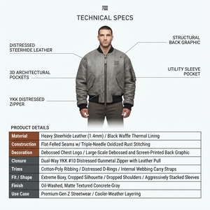 Heavy Oil-Washed Distressed Steerhide Leather MA-1 Bomber Jacket 1.4mm Thick Cropped Boxy Fit Vintage Concrete Gray - Product Image 5