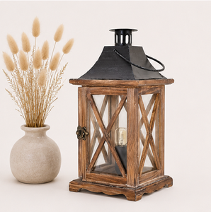Venta al por mayor de fábrica: Farol de madera vintage con tapa metálica, portavelas decorativo para centro de mesa de boda estilo rústico, para exteriores. - Product Image 6