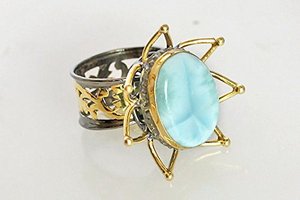 Anillo de Cóctel Vintage con Estrella, Plata de Ley 925, Chapado en Oro, con Piedra de Larimar Natural en Engaste de Bisel, Unisex, para Uso Diario, Joyería Fina - Product Image 5