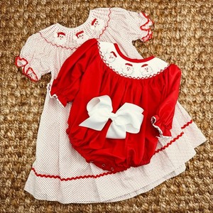 Combinaison de Noël rouge pour bébé, barboteuse smockée à manches longues, col Peter Pan, robe de fête pour nourrisson - Product Image 4