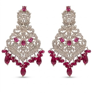 Elegant Ruby <b>Red</b> Gemstone Drop <b>Earrings</b> Vintage Silver Rhinestone Chandelier Statement <b>Earrings</b> - Product Image 1
