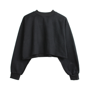 Sudadera de Mujer, Cuello Redondo, Color Crema, Manga Larga, Tejido Holgado, Color Sólido, Corte Corto, 100% Algodón, Ropa de Otoño - Product Image 3