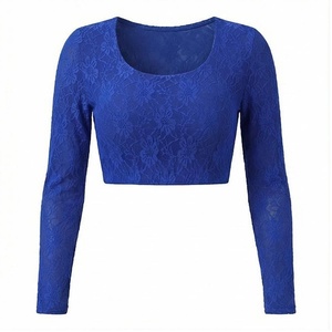 <b>Blue</b> Floral Lace <b>Crop</b> <b>Top</b> Long Sleeve Scoop Neck Women's Yoga Wear Spandex Polyester Breathable Sportswear - Product Image 1