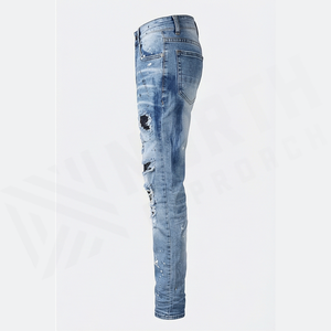 Jean en denim déchiré et délavé coupe slim pour homme, jambe droite, en coton, style décontracté bleu printanier - Product Image 3